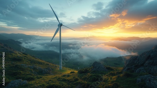 Wind Turbine on a Mountaintop at Sunset