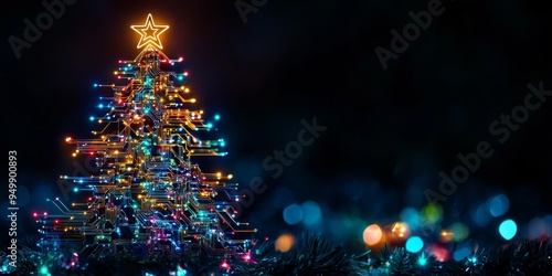 Abstract technological christmas tree shining with light connections on blue background