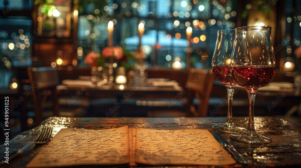 Two glasses of red wine stand on a rustic wooden table in a dimly lit restaurant. Two glasses of red wine stand on a rustic wooden table in a dimly lit restaurant.