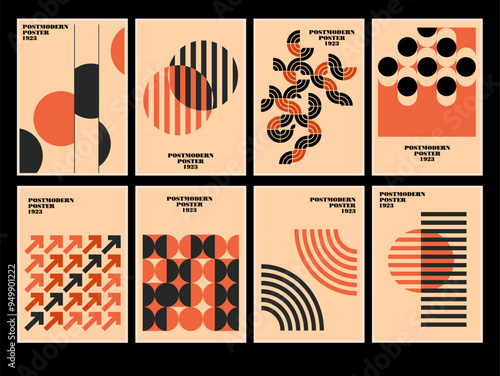 Set of 20s minimalistic geometric posters inspired postmodern of vector abstract dynamic symbols with bold geometric shapes, useful for web background, poster art design, hi-tech print, cover artwork