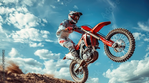 A motocross rider soars through the air on their dirt bike. photo