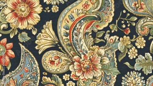 An intricate Indian paisley pattern with bold colors like deep blue, saffron, and emerald green. The paisley shapes are adorned with detailed floral and leaf motifs, arranged symmetrically across the photo