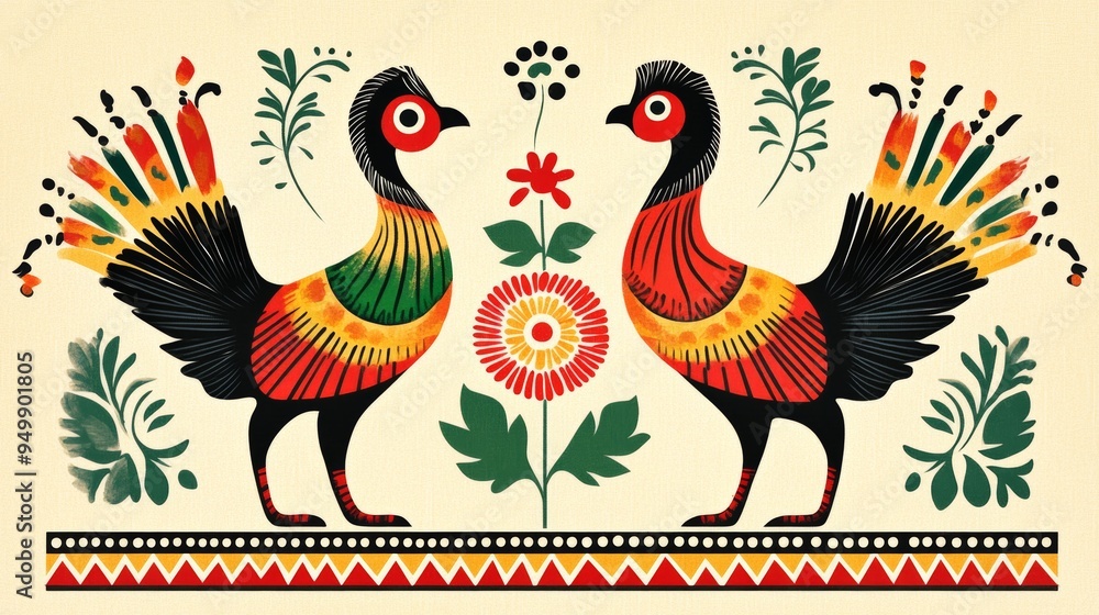 Obraz premium A traditional Vietnamese Dong Ho folk painting style design featuring simple yet expressive depictions of animals and nature. The colors are bright and earthy, with reds, greens, and yellows standing