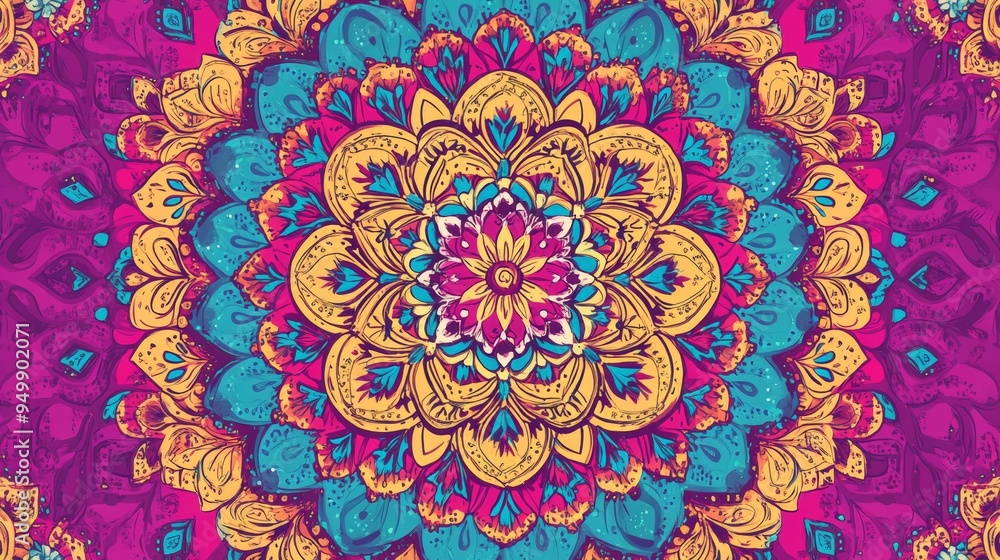 An ornate Indian mandala pattern featuring intricate designs in bright colors like gold, turquoise, and magenta. The mandala is detailed with geometric shapes and floral motifs, arranged in a An ornate Indian mandala pattern featuring intricate designs in bright colors like gold, turquoise, and magenta. The mandala is detailed with geometric shapes and floral motifs, arranged in a