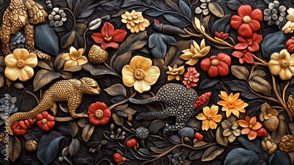 An intricate Thai temple mural design featuring detailed depictions of mythical creatures and floral motifs in gold and bright colors. The mural is rich in texture and detail, with the creatures and An intricate Thai temple mural design featuring detailed depictions of mythical creatures and floral motifs in gold and bright colors. The mural is rich in texture and detail, with the creatures and