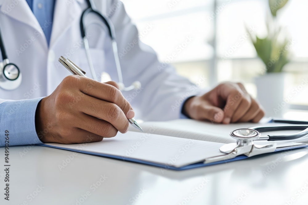 Close-up photo of a doctor taking notes in a notebook with a stethoscope on the desk, all set in a pristine white office Close-up photo of a doctor taking notes in a notebook with a stethoscope on the desk, all set in a pristine white office