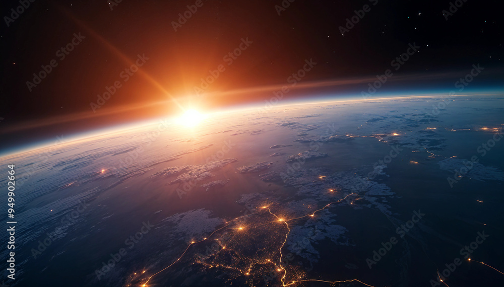 Obraz premium A breathtaking view of sunrise from space, showcasing Earth's curvature illuminated by city lights and vibrant atmospheric colors.