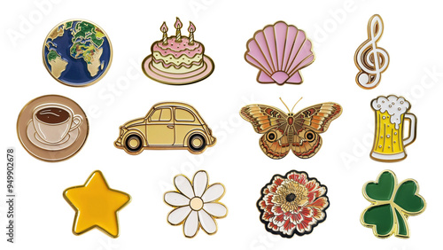 PNG enamel lifestyle pin element set, transparent background