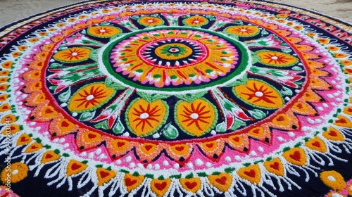 An intricate Indian rangoli design featuring detailed patterns of flowers and geometric shapes in bright, vibrant colors like red, yellow, and green. The rangoli is arranged in a circular,