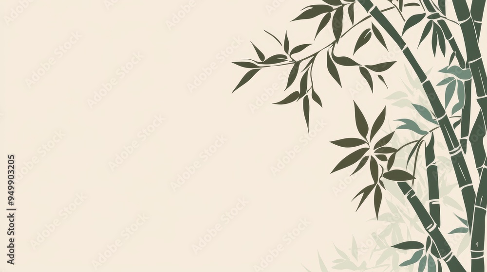 Fototapeta premium A Japanese-inspired bamboo pattern with simple, stylized bamboo stalks and leaves in shades of green and brown. The bamboo is depicted in a minimalist style, with clean, flowing lines that create a