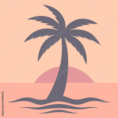 A tall palm tree stands majestically in the middle of the ocean during sunset
