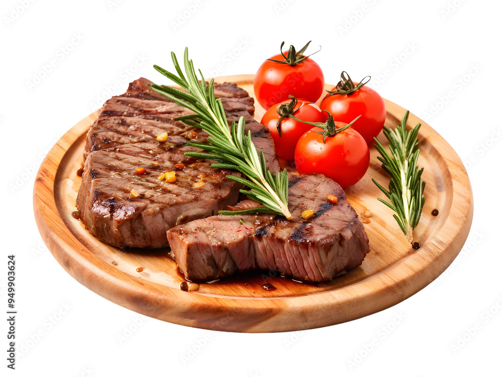 Grilled sliced Beef Steak with tomatoes and rosemary on a plate Isolated on transparent background top view
Grilled sliced Beef Steak with tomatoes and rosemary on a plate Isolated on transparent background top view