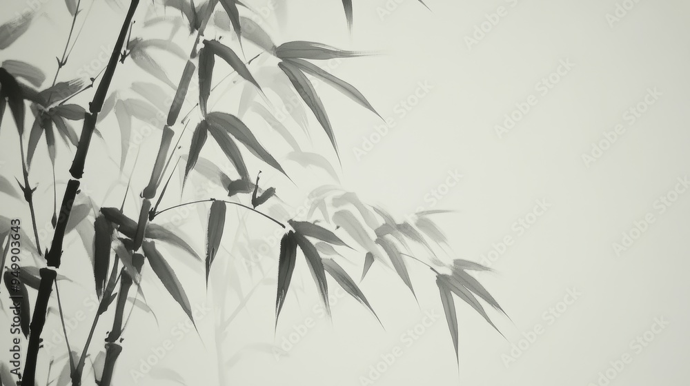 Naklejka premium A detailed Chinese ink painting of bamboo, with graceful stalks and leaves in shades of black and grey. The bamboo is depicted with fine, flowing lines, creating a sense of movement and harmony. The