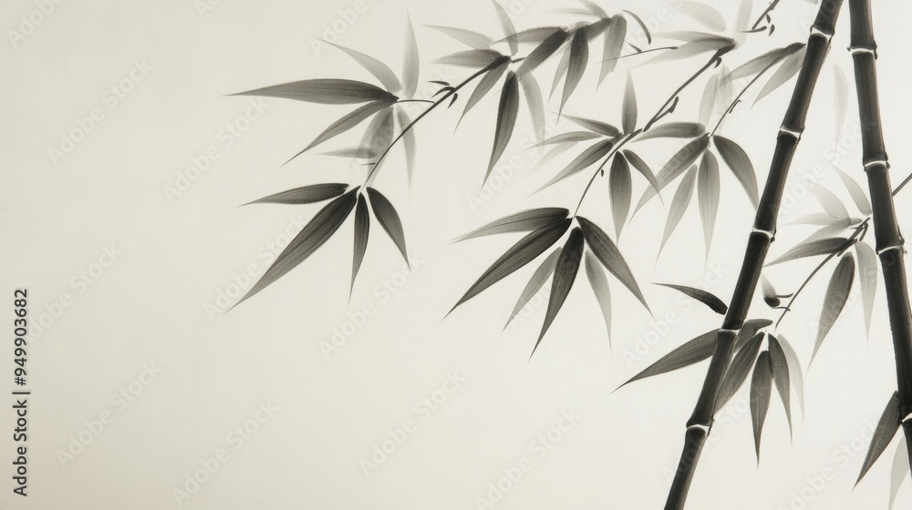 Obraz premium A detailed Chinese ink painting of bamboo, with graceful stalks and leaves in shades of black and grey. The bamboo is depicted with fine, flowing lines, creating a sense of movement and harmony. The
