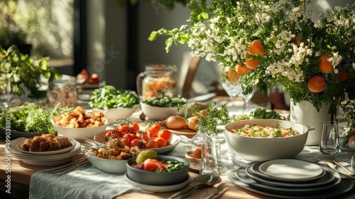 A beautifully arranged dining table filled with fresh dishes, inviting in the warm glow of a sunny afternoon.