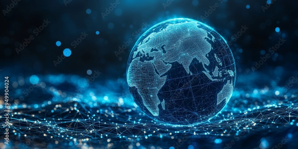 Digital World Map with Glowing Grid and Global Connections