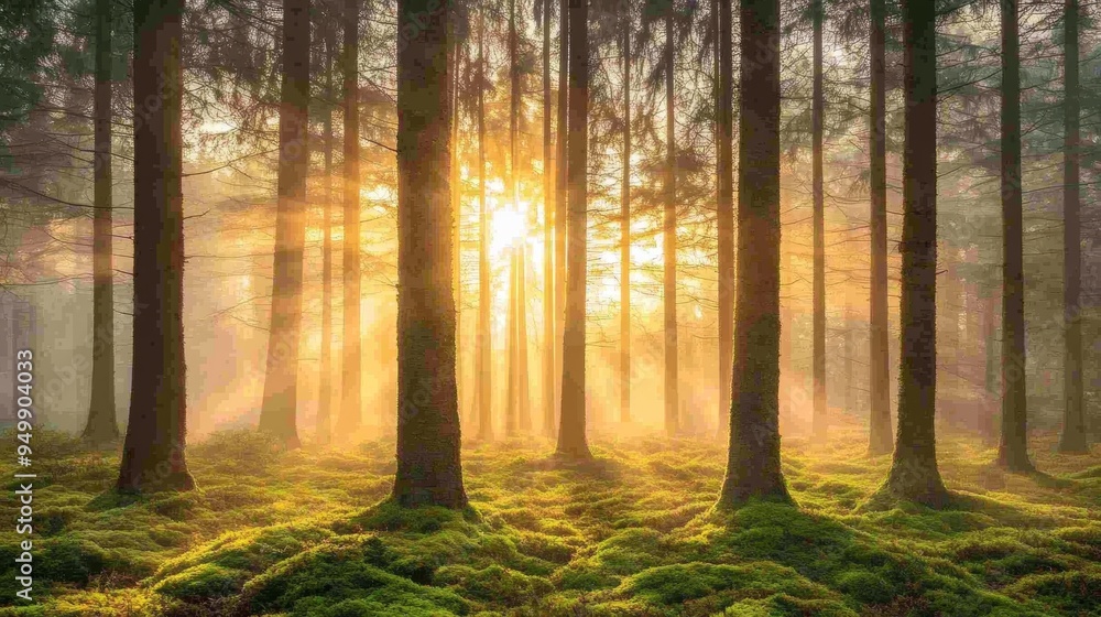 A serene forest scene with towering pine trees silhouetted against a golden sunrise. The ground is covered with a blanket of moss, and the light filters through the branches, casting soft shadows. A A serene forest scene with towering pine trees silhouetted against a golden sunrise. The ground is covered with a blanket of moss, and the light filters through the branches, casting soft shadows. A