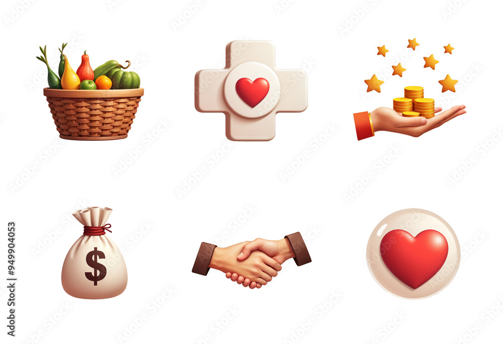 Fototapeta premium Charity Symbols of peace, sustainability, and faith: dove, coins, water drop, book, globe, and church