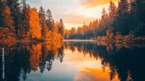 A calm lake surrounded by autumn-colored trees, their leaves reflecting off the still water. The sky is a gradient of warm oranges and pinks as the sun sets in the distance. The water is so clear it