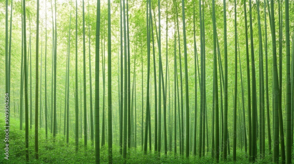 A dense bamboo forest with tall, slender stalks reaching towards the sky. The leaves create a dappled pattern of light and shadow on the forest floor. The green hues are rich and vibrant, with a A dense bamboo forest with tall, slender stalks reaching towards the sky. The leaves create a dappled pattern of light and shadow on the forest floor. The green hues are rich and vibrant, with a