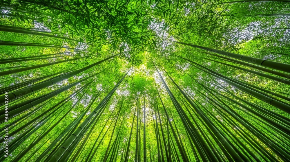 A dense bamboo forest with tall, slender stalks reaching towards the sky. The leaves create a dappled pattern of light and shadow on the forest floor. The green hues are rich and vibrant, with a A dense bamboo forest with tall, slender stalks reaching towards the sky. The leaves create a dappled pattern of light and shadow on the forest floor. The green hues are rich and vibrant, with a