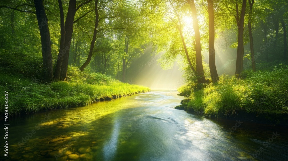 Obraz premium A quiet river winding through a dense forest, with tall trees and thick underbrush on either side. The water is clear and smooth, reflecting the green of the surrounding foliage. Sunlight filters