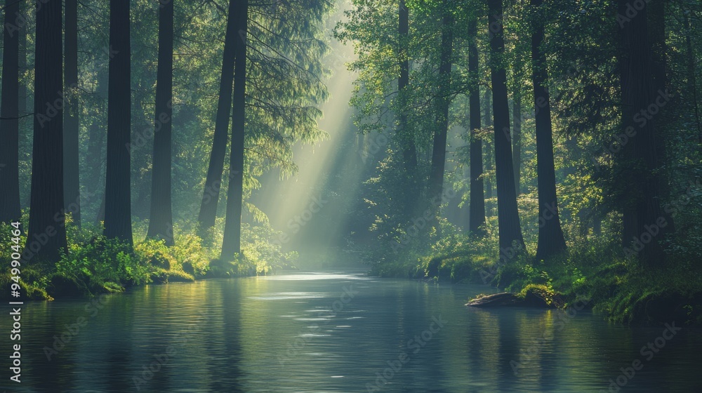 A quiet river winding through a dense forest, with tall trees and thick underbrush on either side. The water is clear and smooth, reflecting the green of the surrounding foliage. Sunlight filters A quiet river winding through a dense forest, with tall trees and thick underbrush on either side. The water is clear and smooth, reflecting the green of the surrounding foliage. Sunlight filters