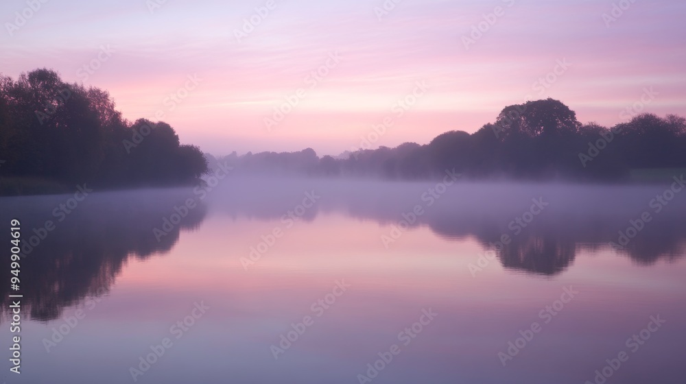 Obraz premium A serene lake at dawn, with a thin layer of mist hovering over the water. The surrounding trees are reflected in the calm surface of the lake, creating a mirror-like effect. The sky is a soft