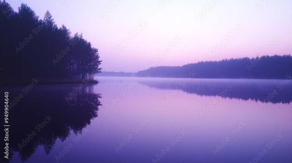 A serene lake at dawn, with a thin layer of mist hovering over the water. The surrounding trees are reflected in the calm surface of the lake, creating a mirror-like effect. The sky is a soft