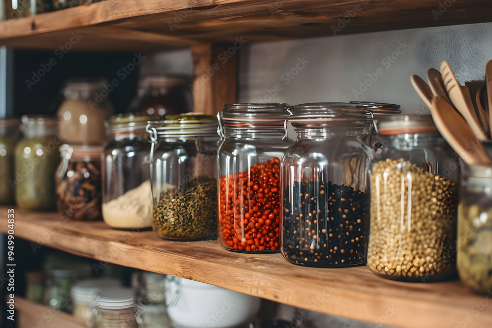 Glass reusable bulk jars stand in a wooden rack, oragnization, order and zero waste concept Glass reusable bulk jars stand in a wooden rack, oragnization, order and zero waste concept