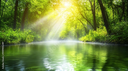 A peaceful river winding through a dense forest, with tall trees and thick underbrush on either side. The water is clear and smooth, reflecting the green of the surrounding foliage. Sunlight filters