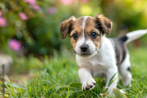 A small golden retriever puppy energetically runs on the road, capturing the essence of playfulness and innocence. A playful puppy chasing its tail, AI generated