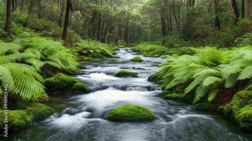 A calm forest stream with crystal-clear water flowing over smooth stones. The stream is surrounded by lush, green ferns and moss-covered rocks. The light filters through the trees, casting soft
