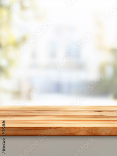 Empty wooden table top with a blurred living room interior background for product display, presentation, or design of a coffee shop, home, and kitchen show concept.