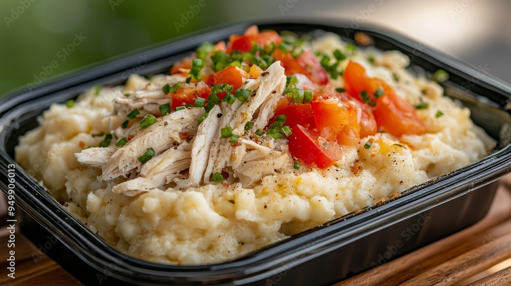 Creamy chicken risotto in a black takeout container, topped with shredded chicken, diced tomatoes, and fresh herbs, showcasing a convenient and delicious meal option Creamy chicken risotto in a black takeout container, topped with shredded chicken, diced tomatoes, and fresh herbs, showcasing a convenient and delicious meal option