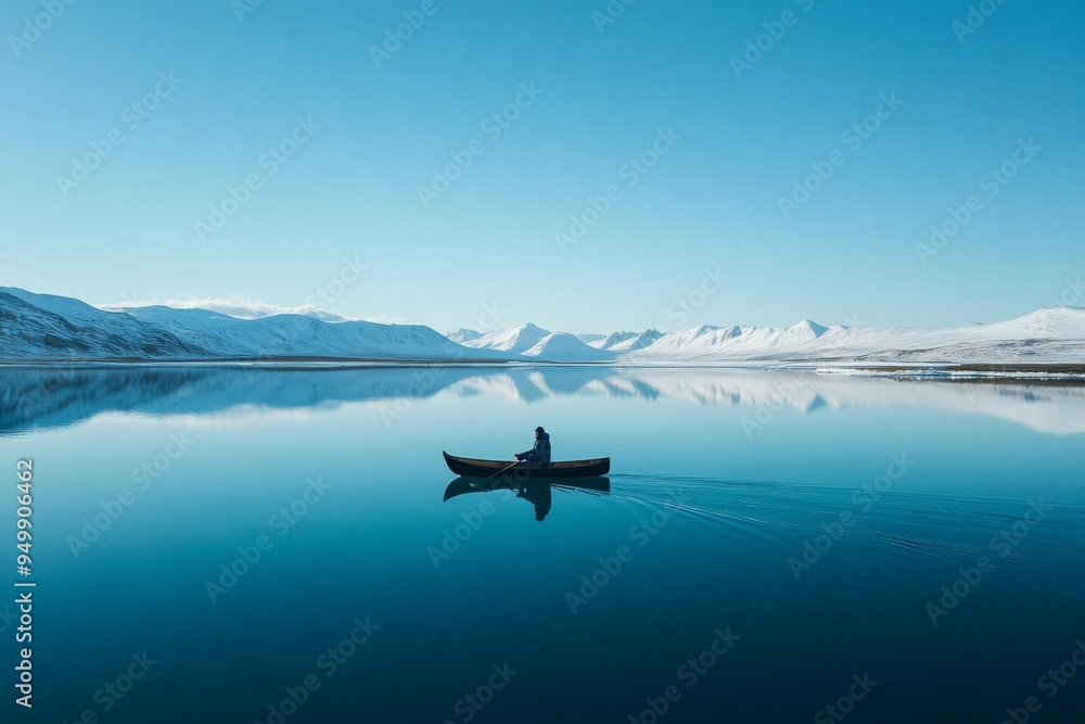 Naklejka premium In a serene drone view, an Inuit man rows on a calm Icelandic lake, surrounded by snow-covered mountains and a clear blue sky, with the reflection perfectly mirrored in the water