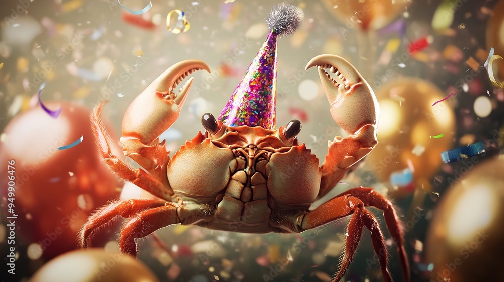 Happy Cute Animal Crab Wearing a Clown Hat, Celebrating New Year Celebration or Fancy Birthday Party, Lots of Balloons with Shiny Ribbons. Happy Cute Animal Crab Wearing a Clown Hat, Celebrating New Year Celebration or Fancy Birthday Party, Lots of Balloons with Shiny Ribbons.