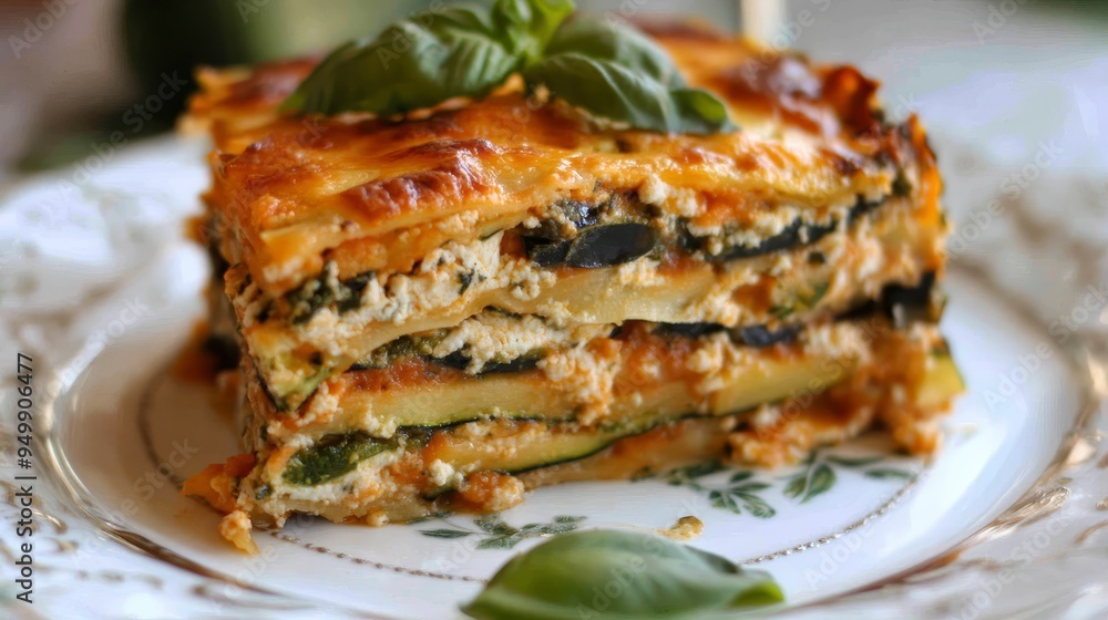 Homemade vegetable lasagna with layers of zucchini, cheese, and tomato sauce, topped with fresh basil leaves, served on a decorative plate Homemade vegetable lasagna with layers of zucchini, cheese, and tomato sauce, topped with fresh basil leaves, served on a decorative plate