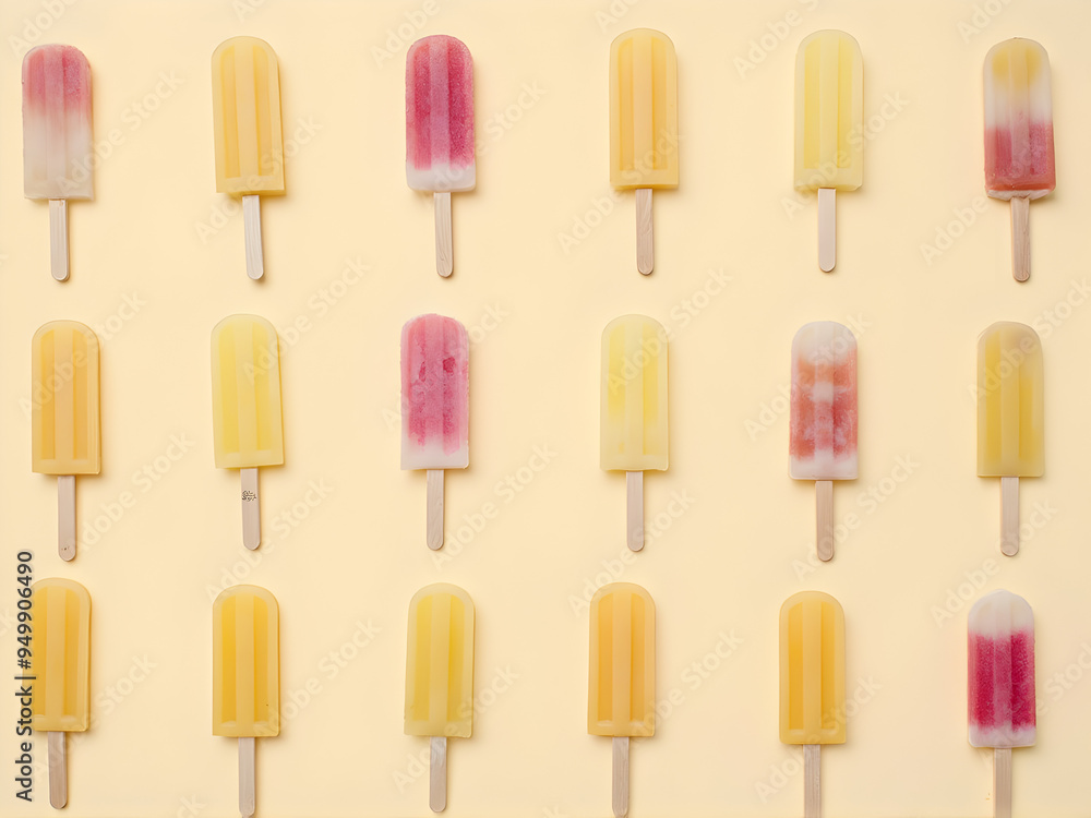 Popsicles arranged in a grid pattern on a beige background. Perfect summer treat showcasing various flavors of frozen dessert on wooden sticks, artistic and colorful.
Popsicles arranged in a grid pattern on a beige background. Perfect summer treat showcasing various flavors of frozen dessert on wooden sticks, artistic and colorful.