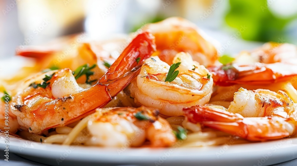 Closeup of a delicious garlic shrimp pasta dish with perfectly cooked prawns, fresh herbs, and linguine noodles, garnished with parsley on a white plate Closeup of a delicious garlic shrimp pasta dish with perfectly cooked prawns, fresh herbs, and linguine noodles, garnished with parsley on a white plate