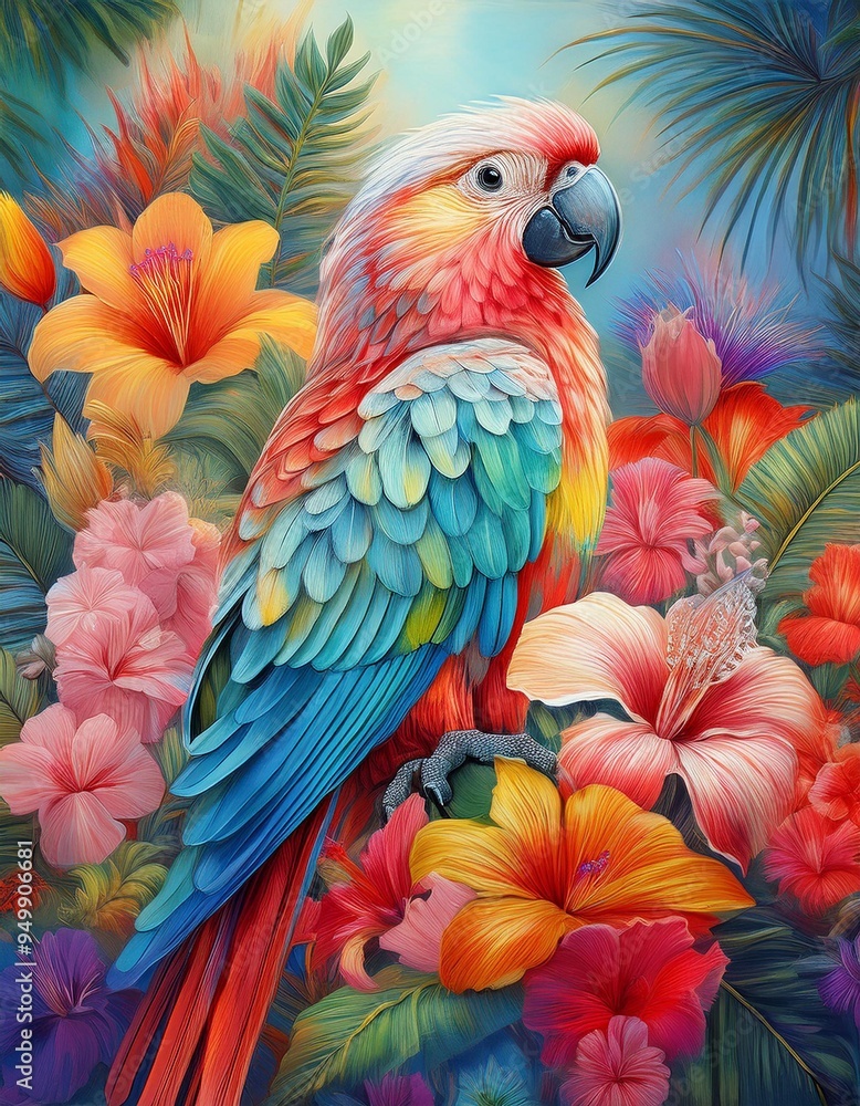 Fototapeta premium Watercolor of Colorful parrot perched among vibrant flowers, showcasing tropical beauty and nature's vivid artistry.