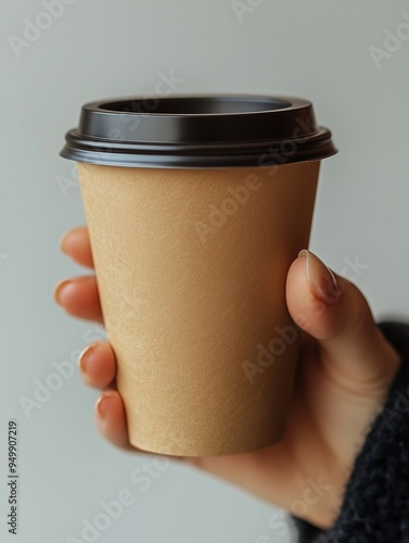 a hand holding a brown paper coffee glass against white background photo