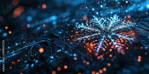 Blue and orange glowing snowflake appearing on circuit board