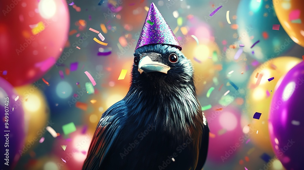 Happy Cute Animal Crow Wearing a Clown Hat, Celebrating New Year Celebration or Fancy Birthday Party, Lots of Balloons with Shiny Ribbons.