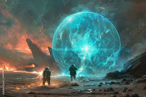 A captivating image of the alien invasion in Halo 5, highlighting the clash between humanity and extraterrestrial invaders. A powerful energy shield protecting troops on the battlefield, Ai generated