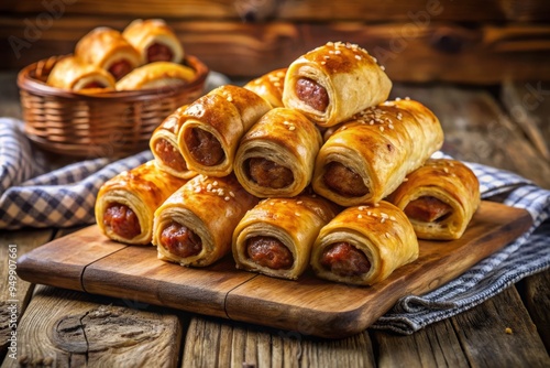 Golden sausage rolls fresh out of the oven, steaming hot and wrapped in flaky pastry, set against a warm and cozy wooden background with soft natural light.