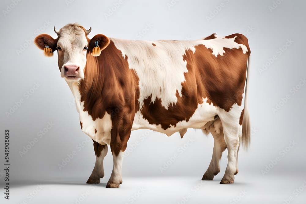 A fluffy hereford cow with a white face and red body standing calmly on a white background, AI Generated A fluffy hereford cow with a white face and red body standing calmly on a white background, AI Generated