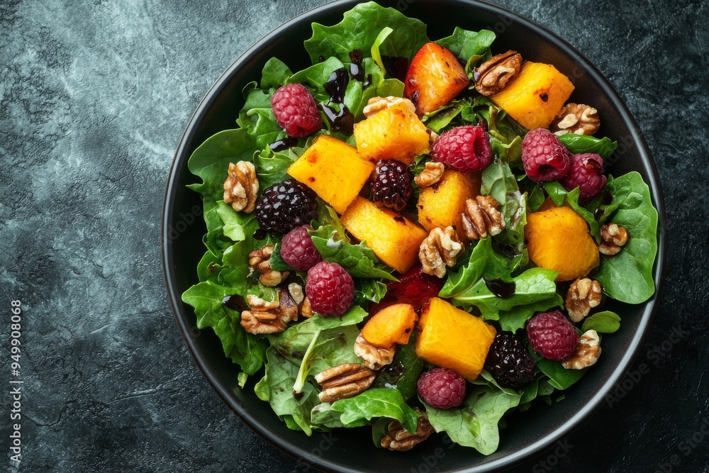 Fresh fruit and nut salad with spinach, raspberries, blackberries, and mango Fresh fruit and nut salad with spinach, raspberries, blackberries, and mango