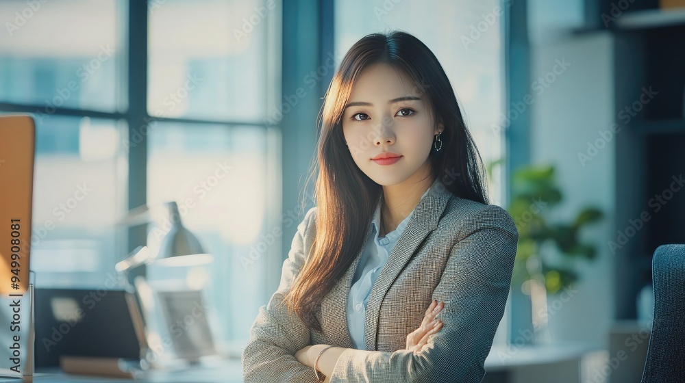 Asian businesswoman in a casual stance by her desk, bright daylight filtering through the office window, modern and professional atmosphere. Asian businesswoman in a casual stance by her desk, bright daylight filtering through the office window, modern and professional atmosphere.