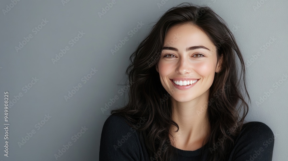 Attractive woman smiling, captured from a three-quarters perspective, plain background adding focus to her expression. Attractive woman smiling, captured from a three-quarters perspective, plain background adding focus to her expression.